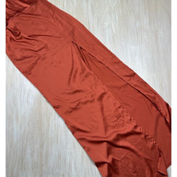 Missguided Rust Orange Satin One Shoulder Draped Slit Midi Cocktail Dress 4 - Picture 8 of 14